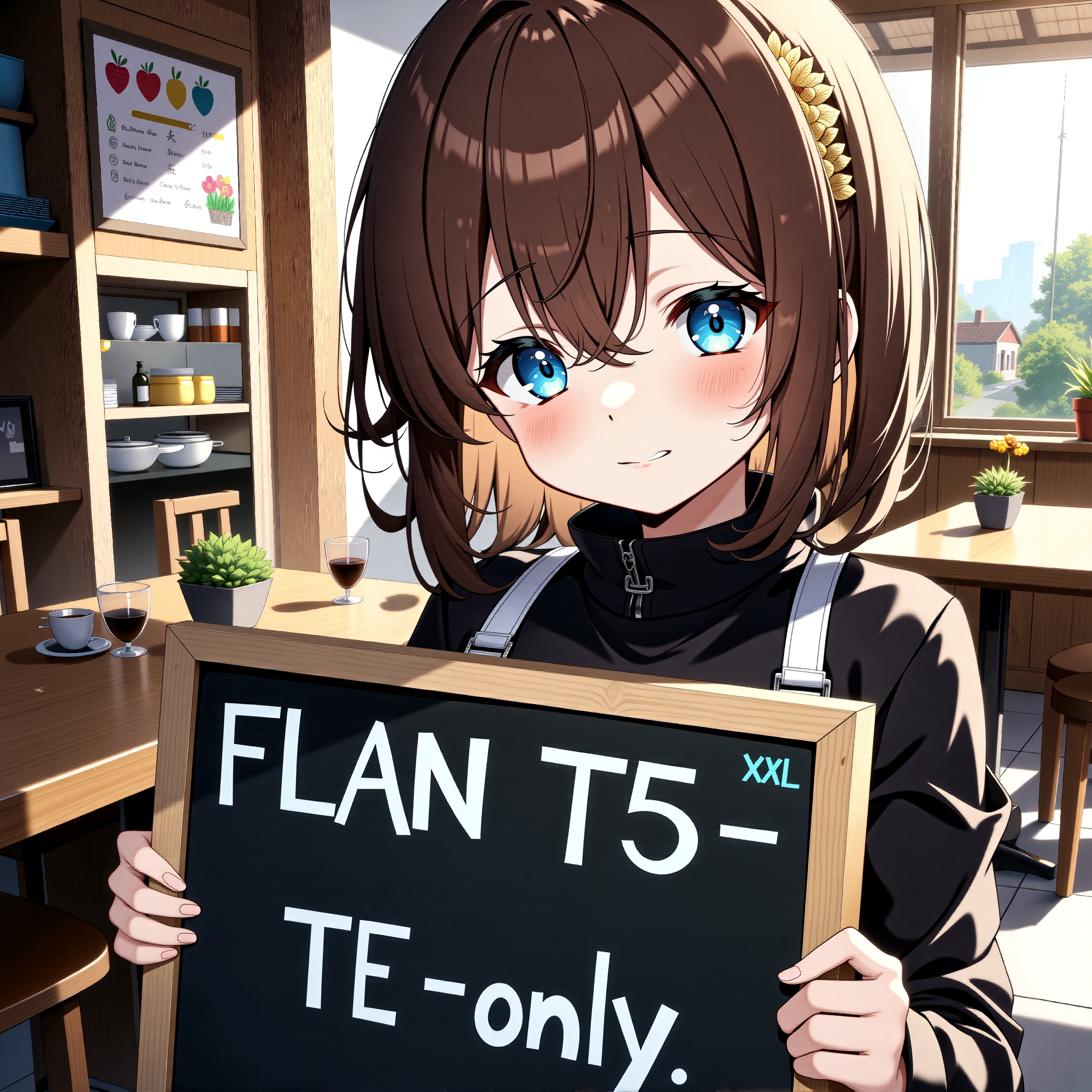 FP8 A young girl holding a chalkboard that says flan t5-te-only.png